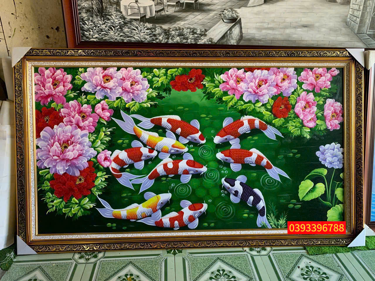 Tranh sơn dầu hoa mẫu đơn cá chép