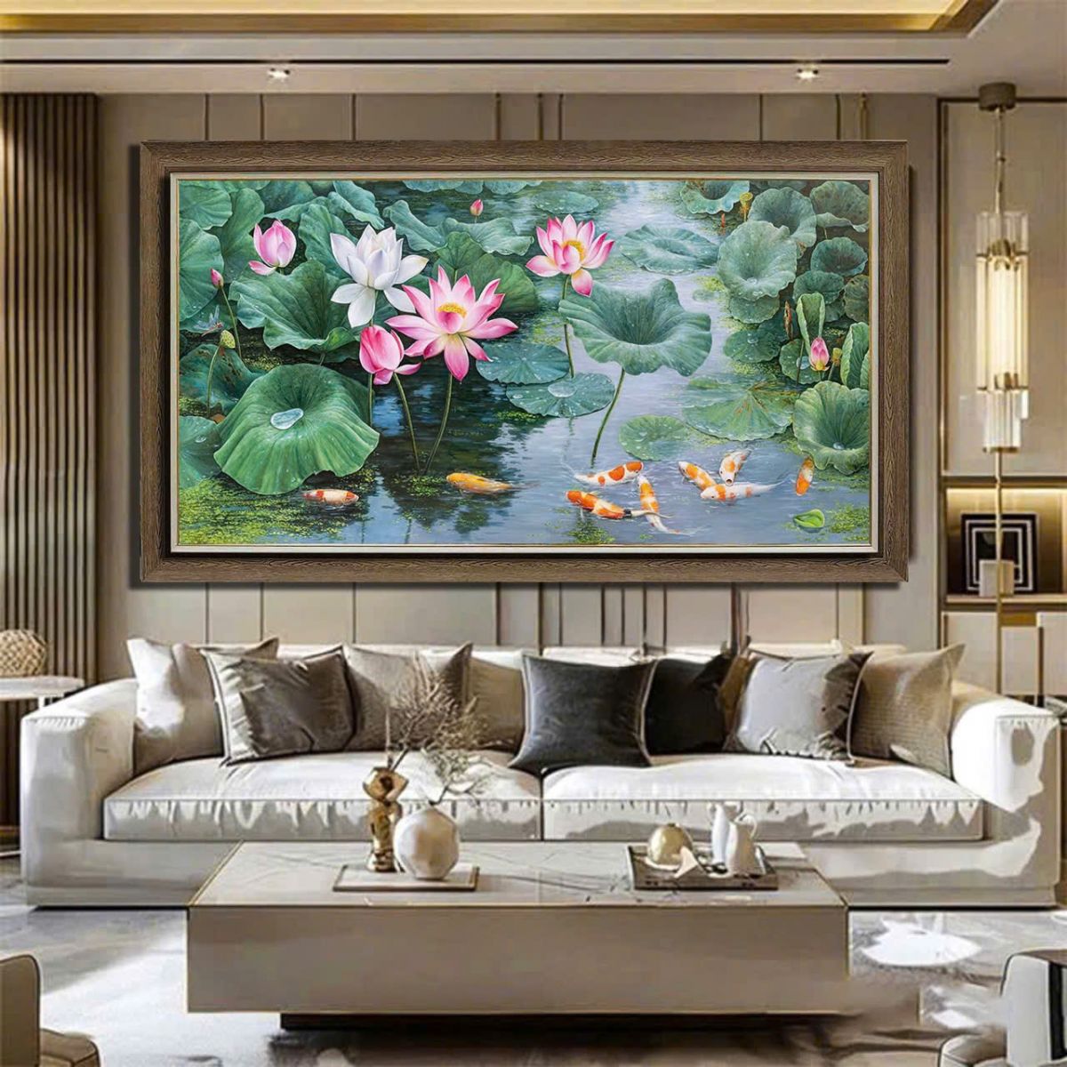 Tranh hoa sen treo phòng khách sang trọng