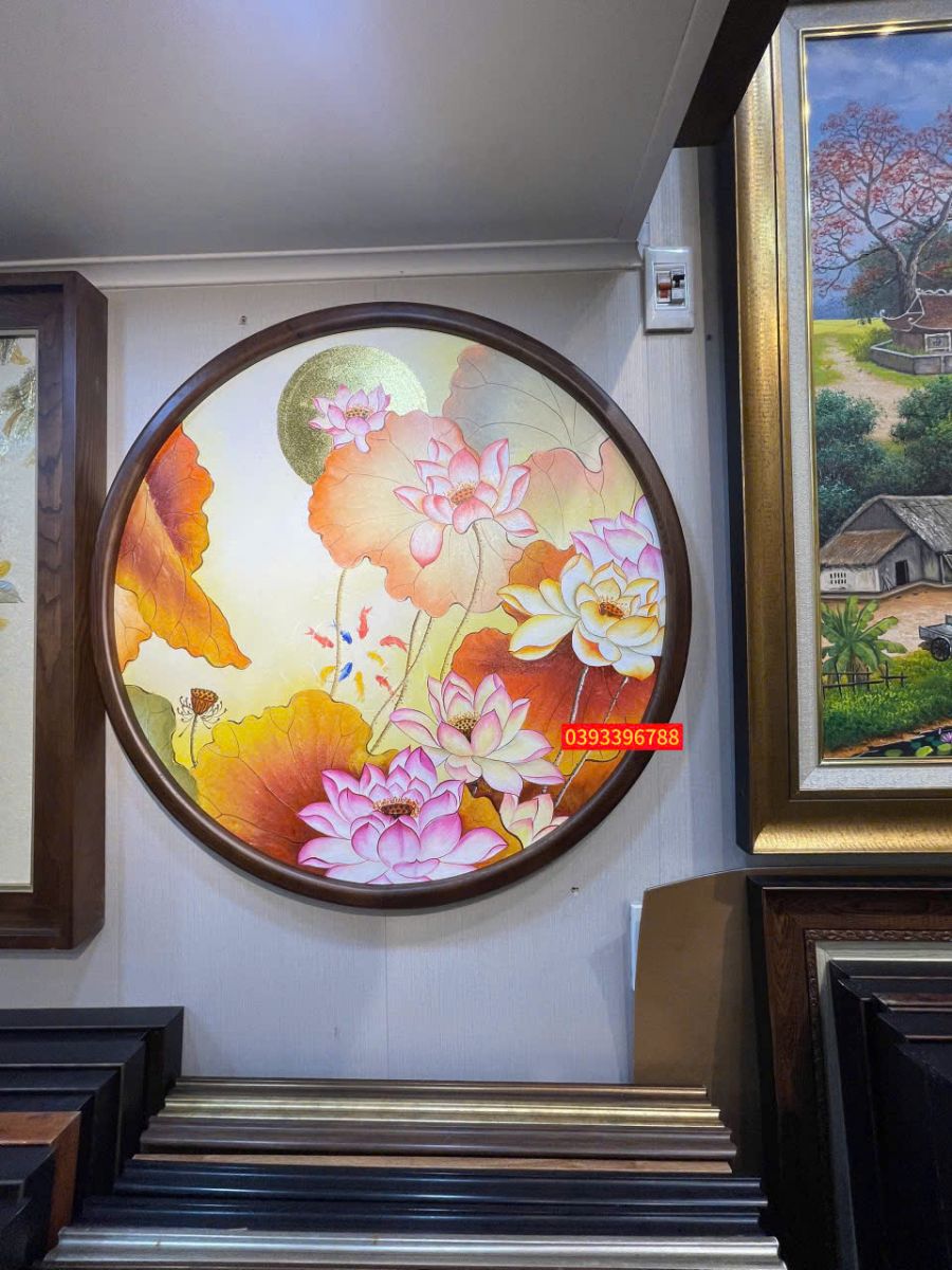 Tranh sơn dầu hoa sen tròn